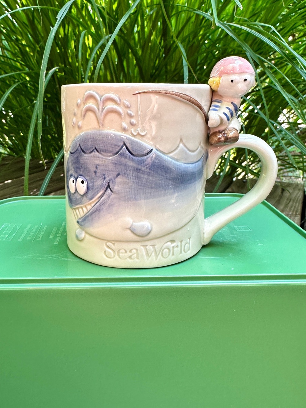 Vintage SeaWorld Ceramic Mug 3D Blue Whale & Fishing Sailor On Handle